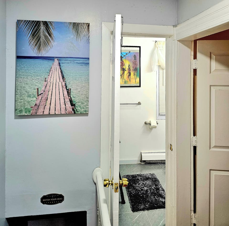 Up the stairs to the bathroom 