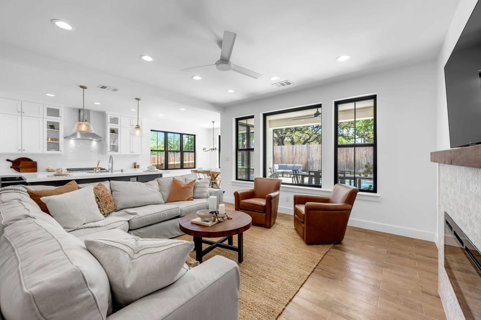 Watch the kids swim in the pool from inside