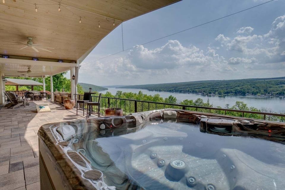 Stunning views of the lake from the hot tub and pavilion