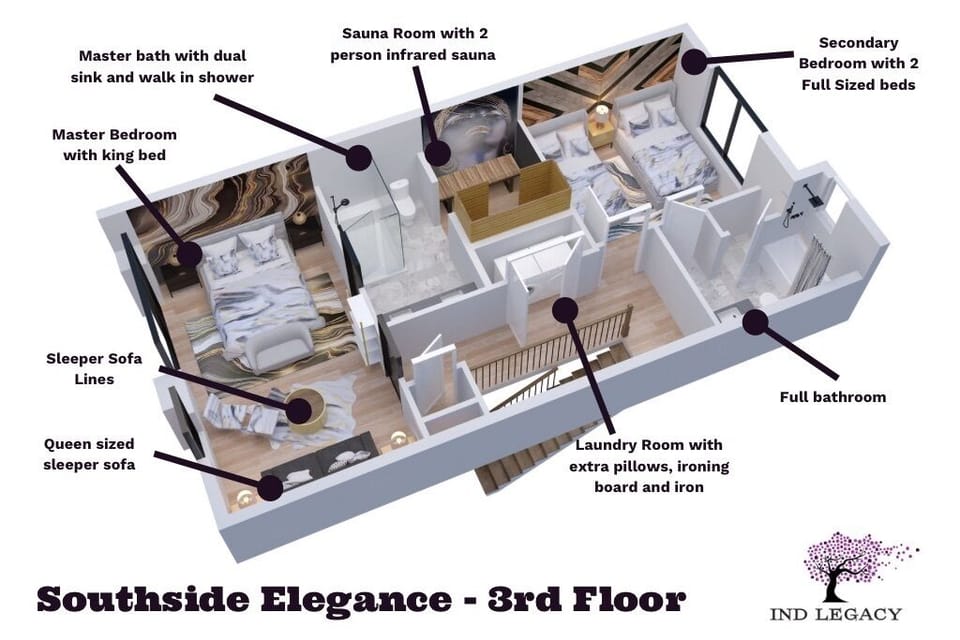 3rd Floor Plan: Layout for the Master Suite, laundry, guest room, and sauna room