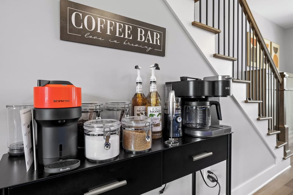 A coffee drinkers dream with dual Keurig, coffee grinder, Nespresso, Chemex, coffee beans, ground coffee, flavored syrups, white sugar, raw sugar, oh my!  We didn't forget non coffee drinks and offer assorted teas. 