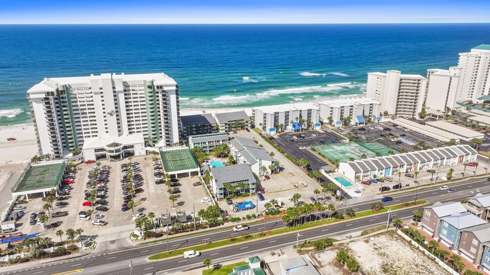 Aerial view of complex and beach