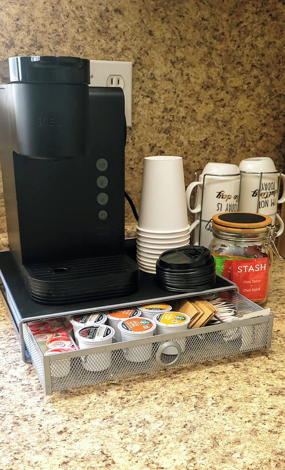 Coffee, creamer, sugar, and tea provided