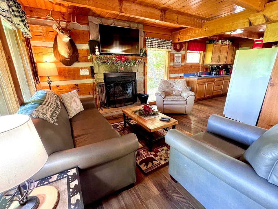 Bright living room with wood-burning fireplace, comfortable seating, and large windows at Bearadise Found rustic cabin in Pigeon Forge, Tennessee near Dollywood
