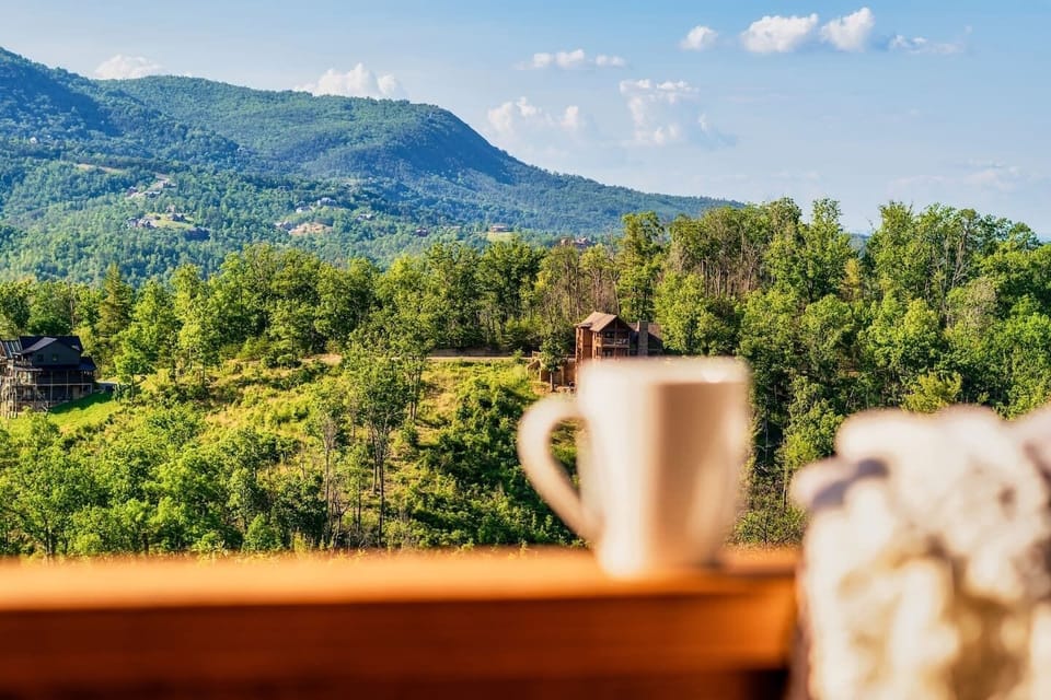 That morning coffee or tea hits differently with a view.  Bear Mountain Vista cabin.