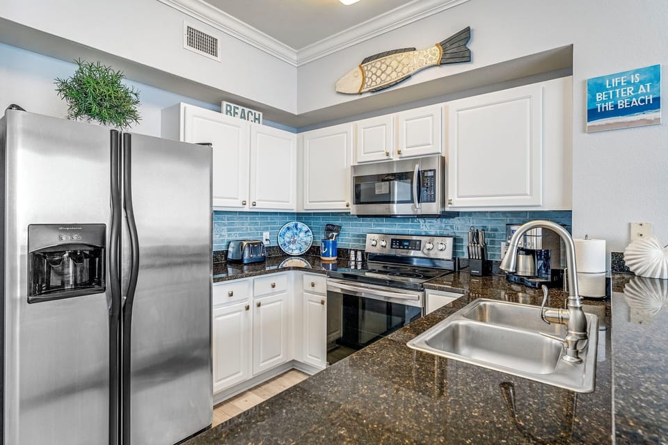 Enjoy morning coffee with fully stocked kitchen utensils