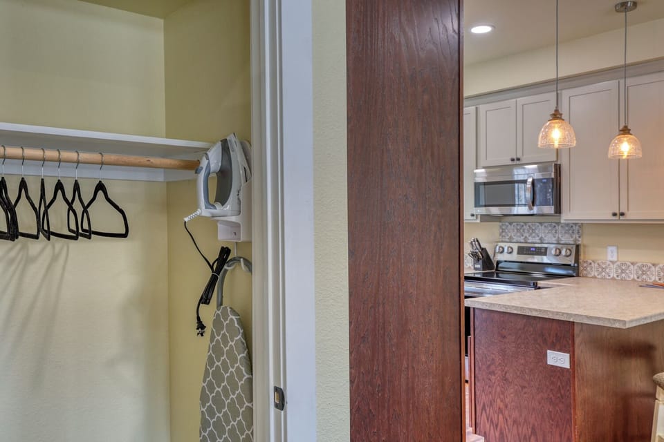 Countertop ironing board and iron stored in the living room closet.