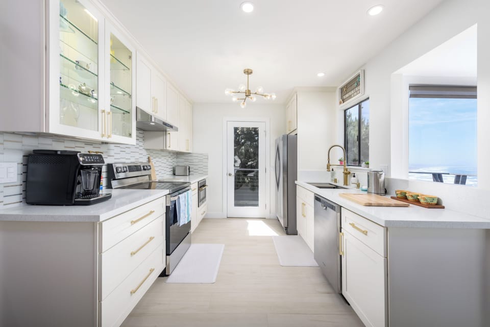 Spacious kitchen with ocean views