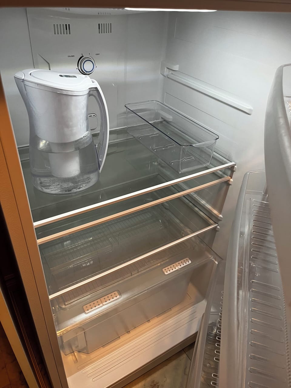 Brita water jug ready in the fridge. Ice tray in the freezer.