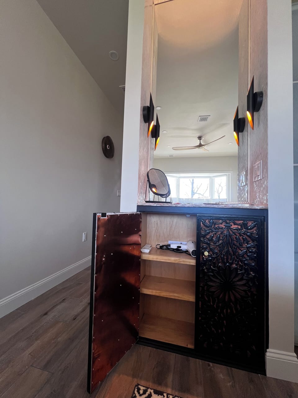 Bedroom 2. Hair Dryer and storage below mirror