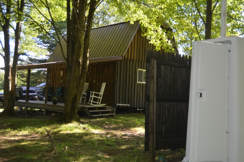 Just steps from cabin with motion detection  lights.