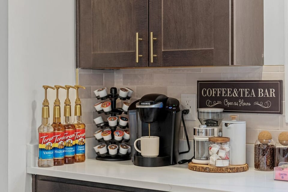 Start your mornings at our fully stocked coffee and tea bar, featuring a variety of flavors and everything you need to make your perfect cup.