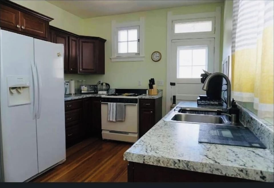 Kitchen has microwave, Keurig coffee maker, small drip coffee maker, kettle