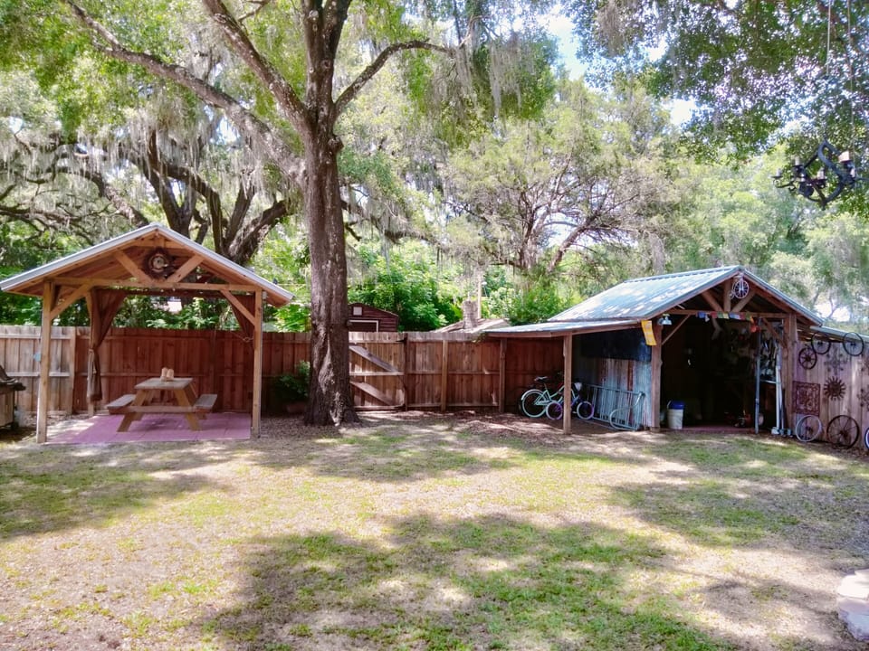 Back yard with bicycle repair shed