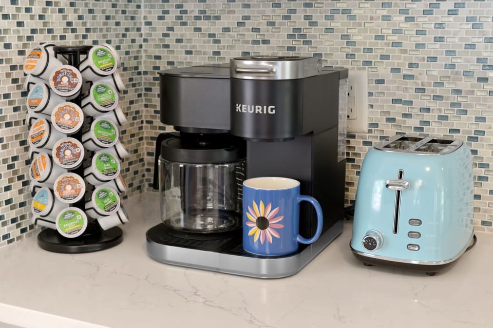 Complimentary coffee provided during your stay! Coffee maker compatible for both pods and regular drip coffee