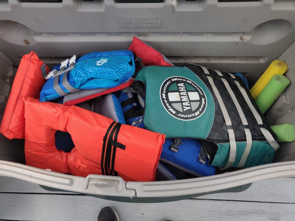 6 adult and one child (40 to 60lbs I believe) life jackets