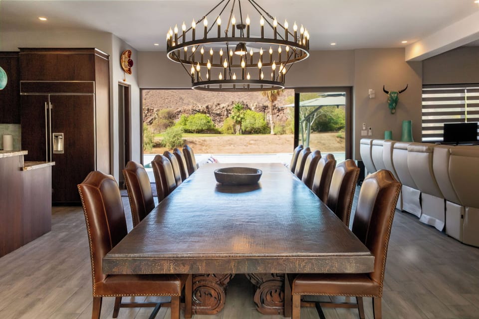 While set-up for 12 the dining table actually can seat 16