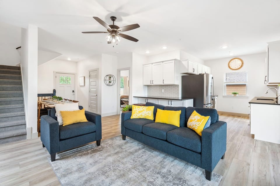 Open living room, kitchen, and dining room gives lots of space for all your friends and family.