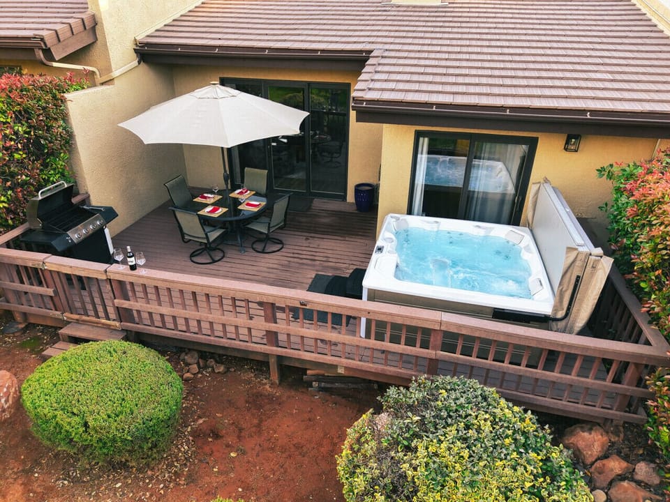 Patio with private salt water hot tub