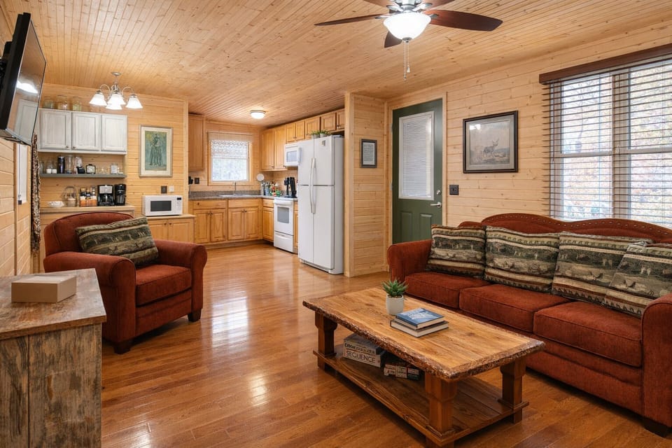 Cozy cabin feel open floor plan. Family room, kitchen and coffee station