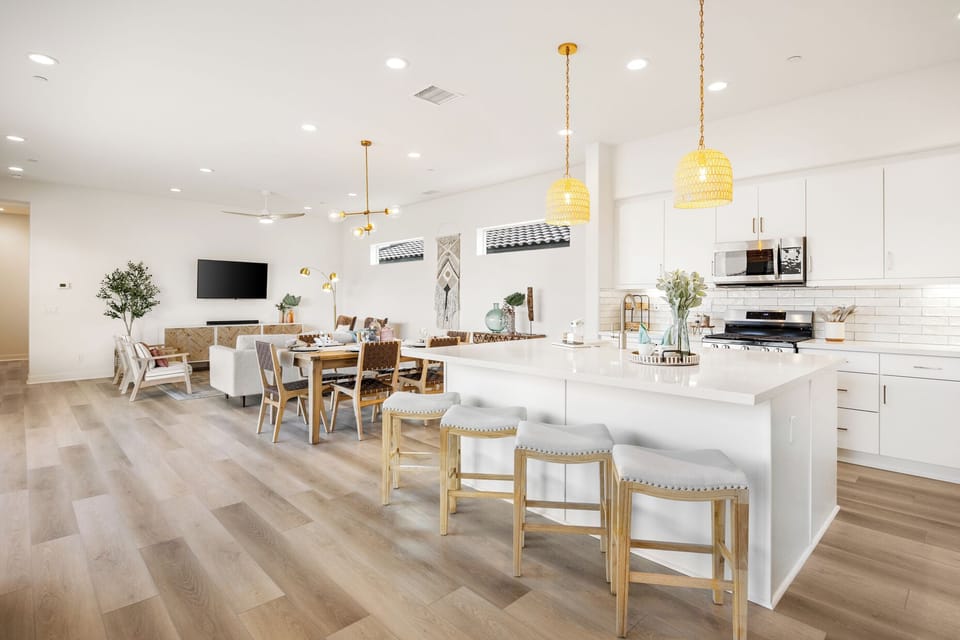 Kitchen and dining area blend smoothly for a relaxed feel.