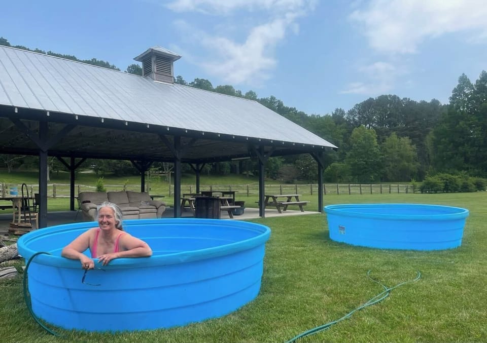 625 gallon pools are available for a $50 one-time fee at our private Creekside Park, just down the road. It’s a short walk from Big East Fork Farms!
