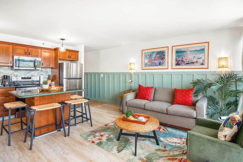 The living and dining area is perfect for a relaxing stay.