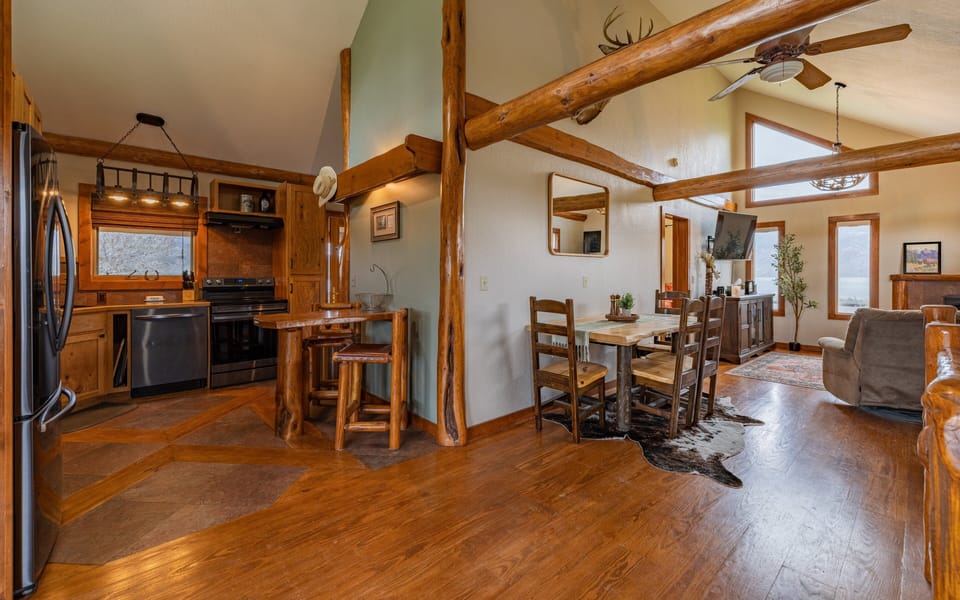 Open kitchen, living and dining area on the main level