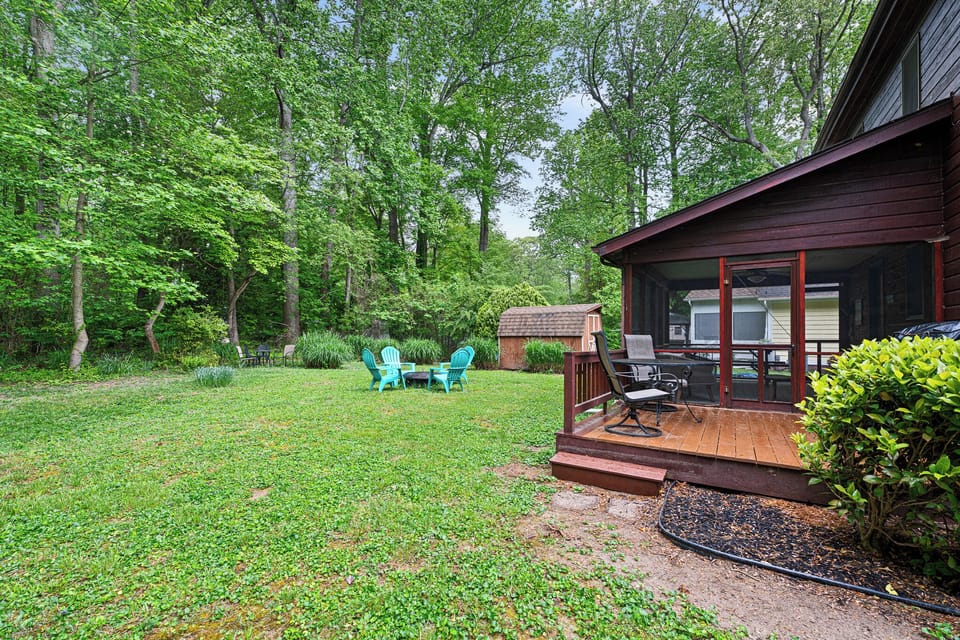 Spacious backyard, deck, shed, porch and sitting areas