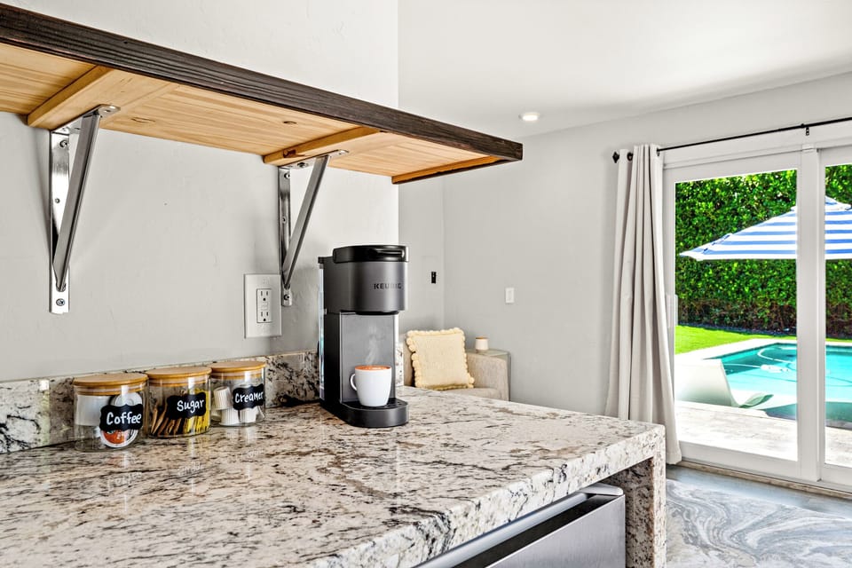 The Studio Apartment has a full coffee bar, wet bar and dishwasher.