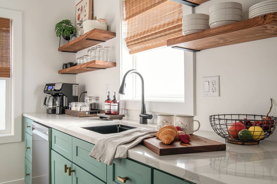A fresh, stylish kitchen ready for coffee mornings and homemade meals.