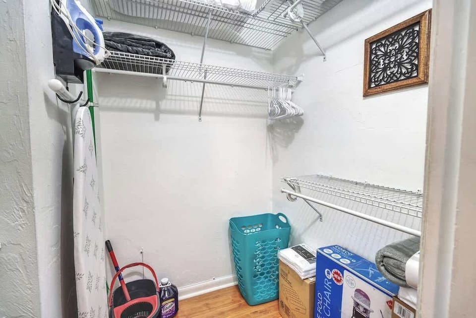 All of the comforts of home in one place. Laundry basket, cleaning supplies, sheets for the futon, air mattress with linens, high chair and pack n' play!