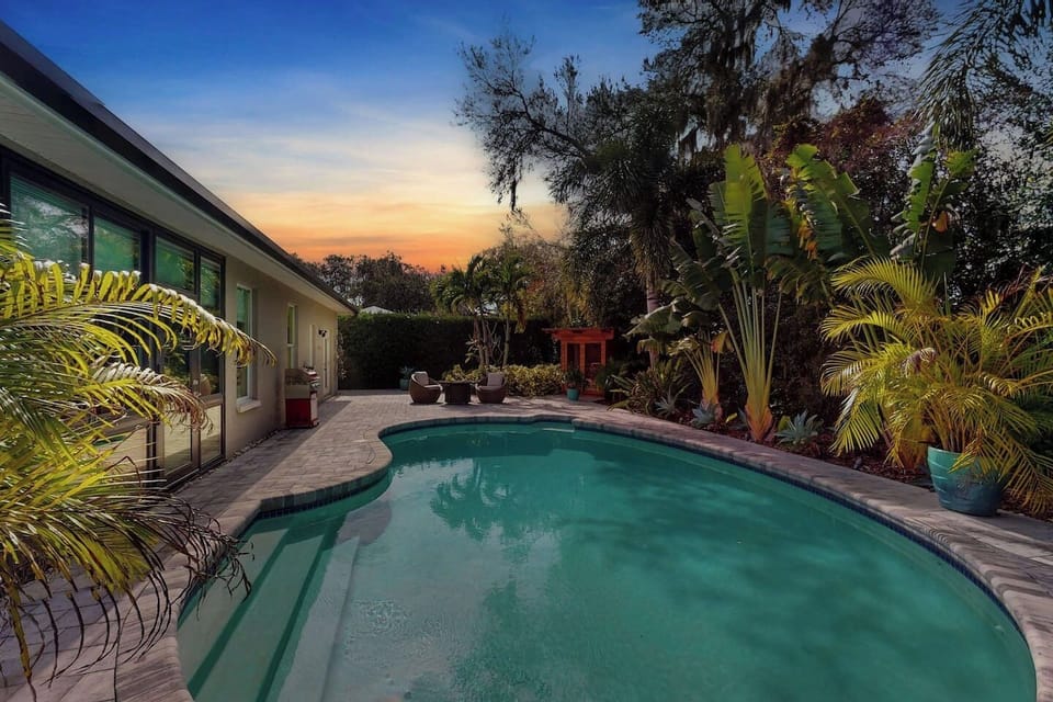 Sunset-lit pool perfect for unwinding year-round