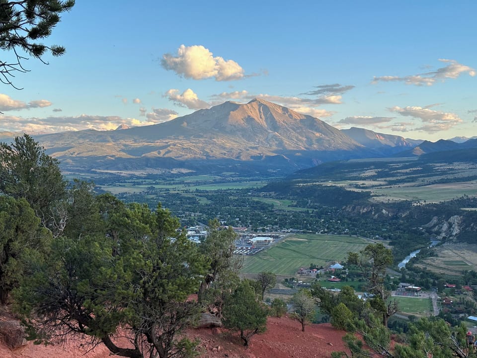 View of Carbondale and Mt. Sopris from Red Hill hiking and biking area.