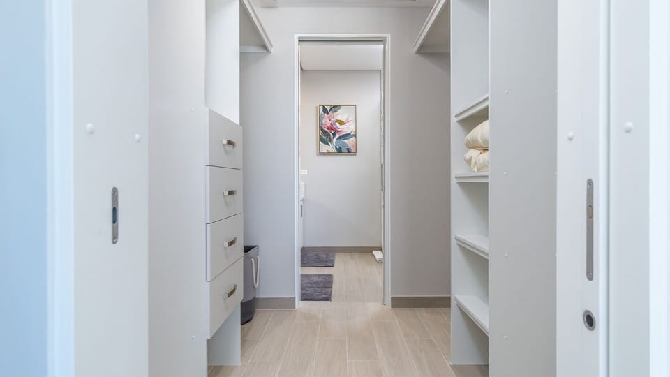 the walk through closet and bathroom entrance