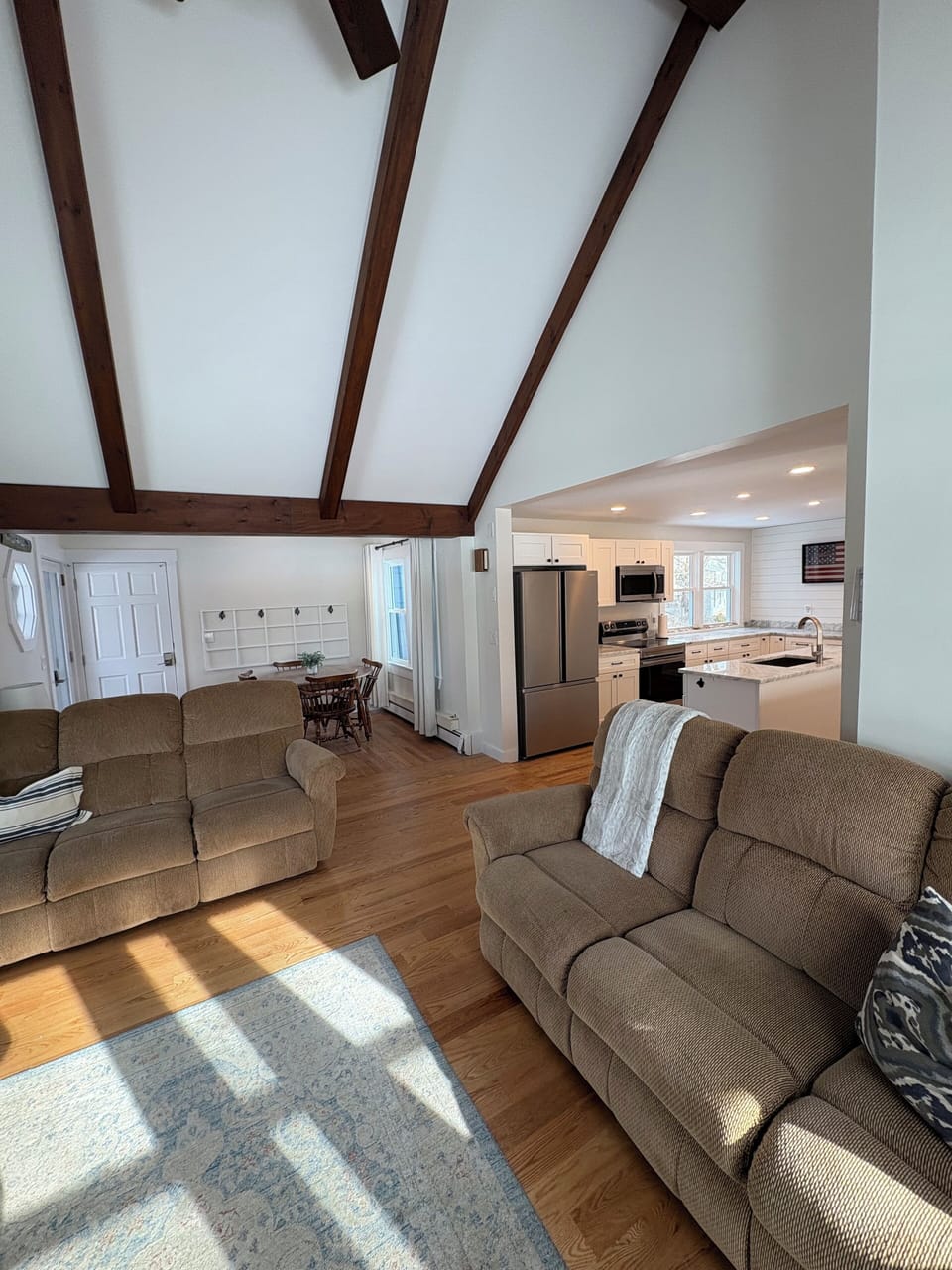 Living room w/ vaulted ceiling and a wall mounted mini split cooling system