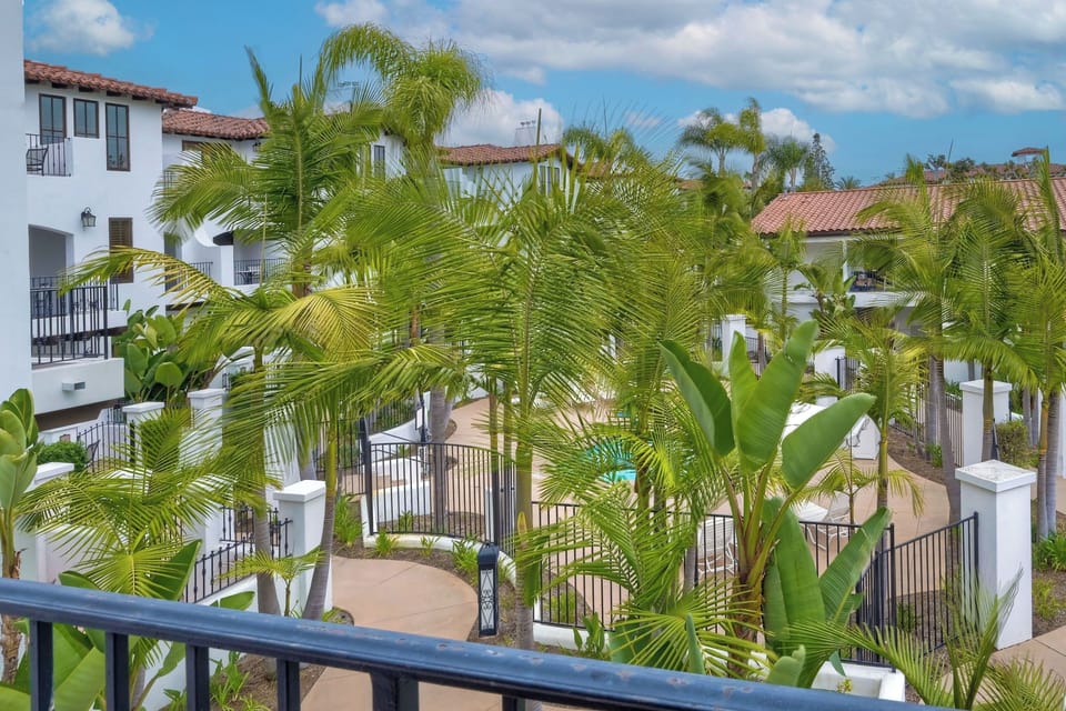 View from living room. Hot tub can be seen behind palms.