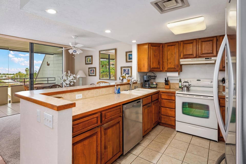 Kitchen overlooking dining area