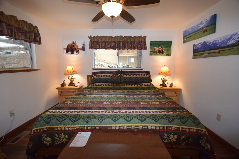 Bear Room - Master Bedroom with office space, back door, and private bathroom