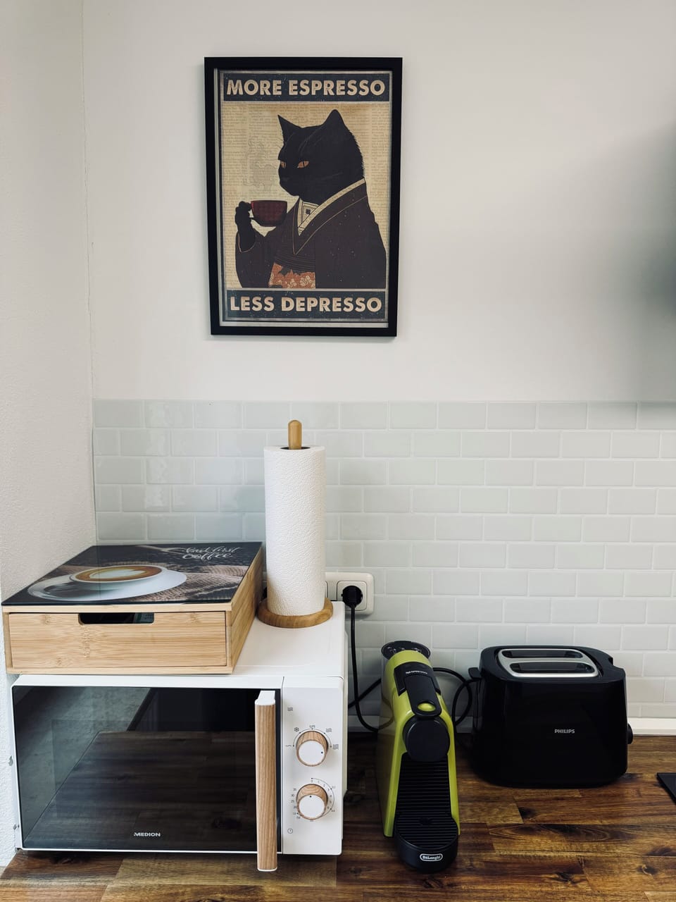 Convenient coffee setup with microwave and toaster for a quick start to your day