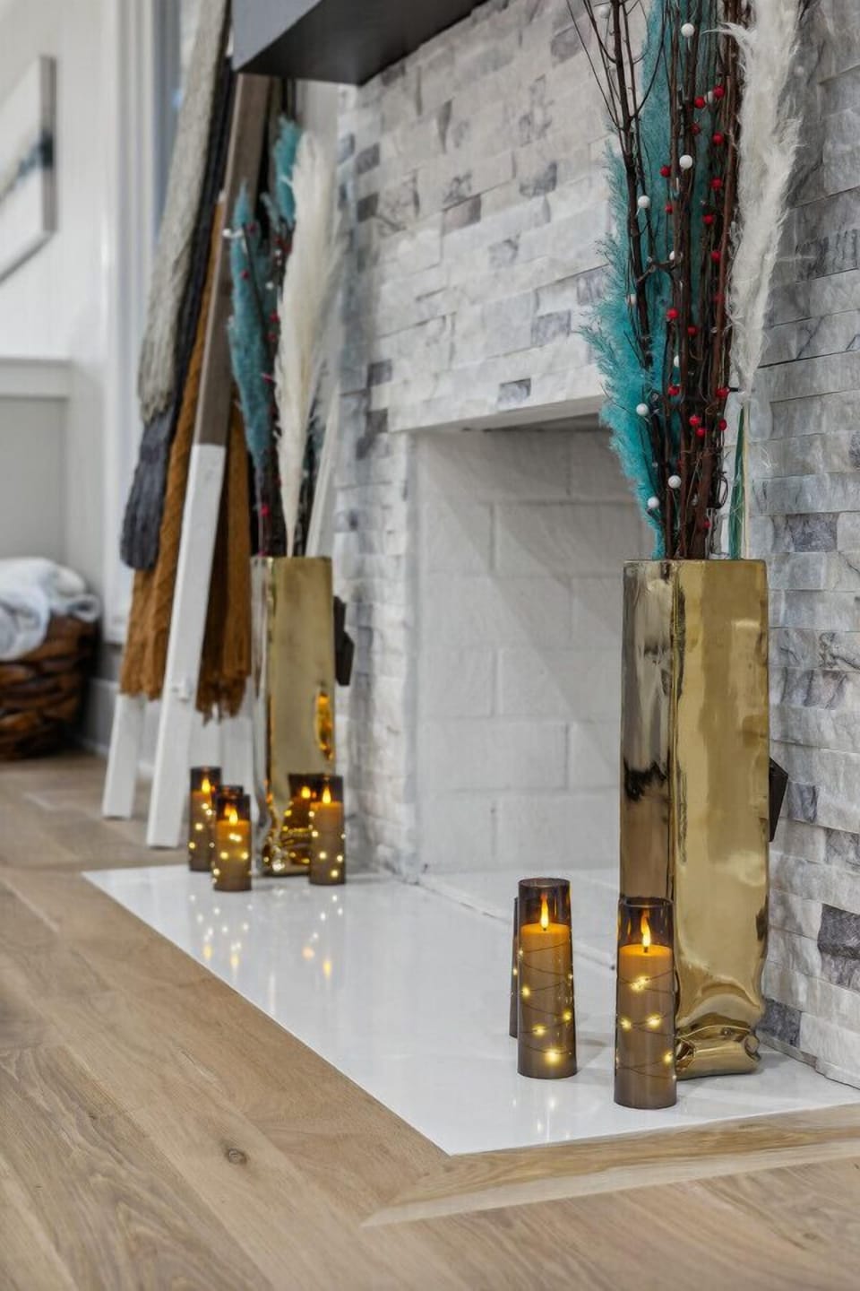 Decorative fireplace with twinkle candles to create a cozy atmosphere