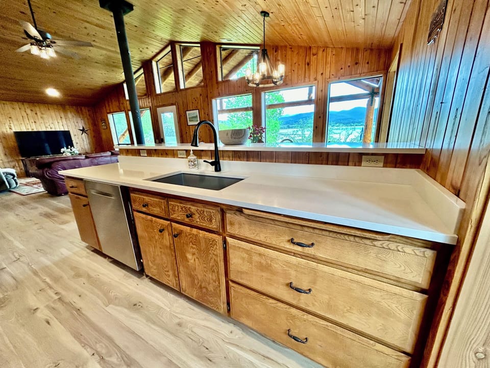 Galley kitchen within the great room has everything you need for meals.