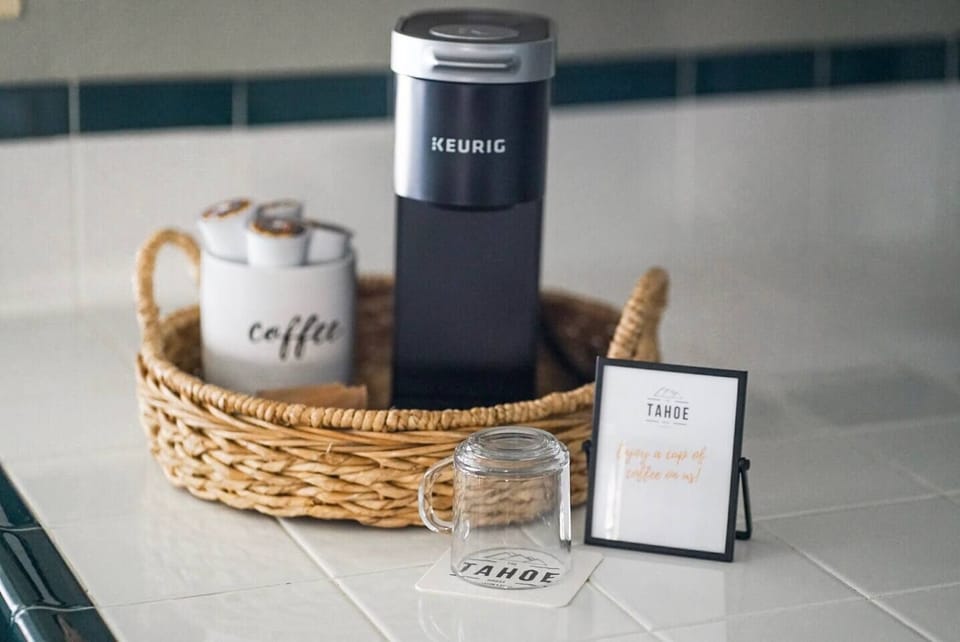 The Tahoe House includes the basics for cooking such as cooking oil and simple seasonings as well as a Keurig® Coffee Maker and coffee bar with K-Cups, sugar, creamer, hot and hot chocolate. 