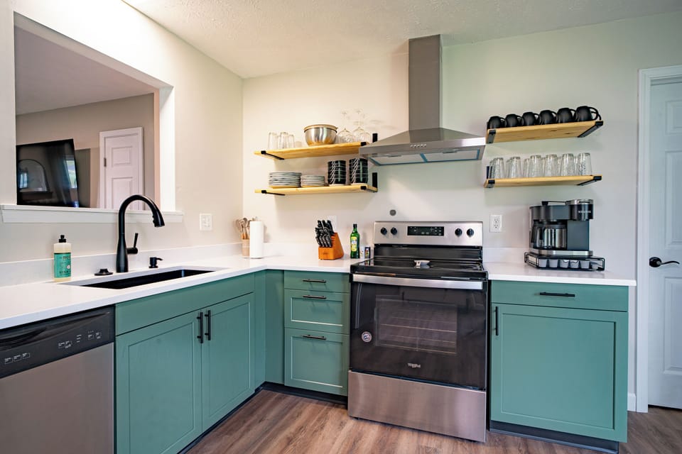 Don't want to eat out?  Make a quick meal in our kitchen with plenty of pots, pans and dishes for the whole family.