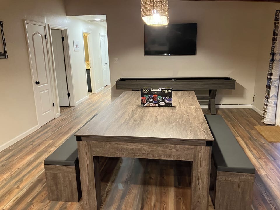 Gather around the table for an exciting game of poker or family fame night!