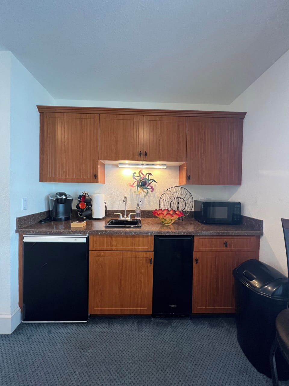 Stove less kitchenette area--Keurig, microwave, small refrigerator, and icemaker