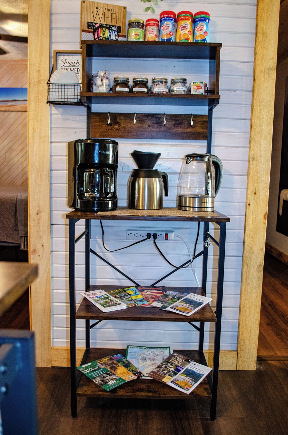 Coffee and tea station with 2 coffee pots, one is a pour-over, & water kettle