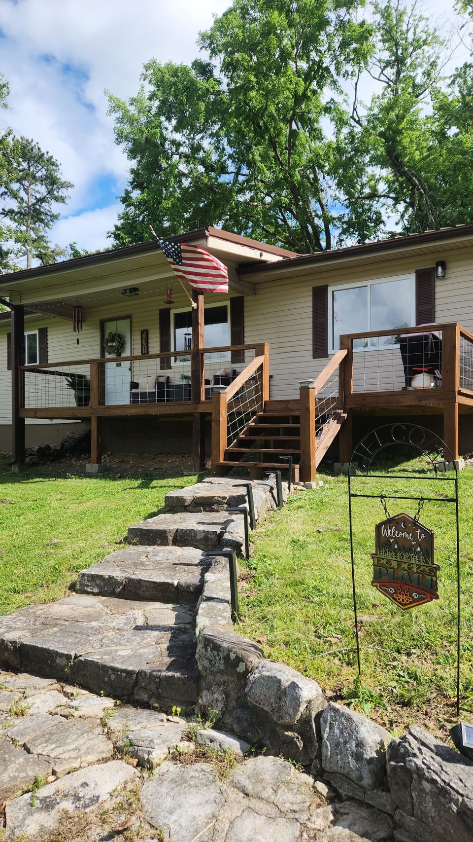 Solar lights align the rock staircase & steps if you arrive at night for safety