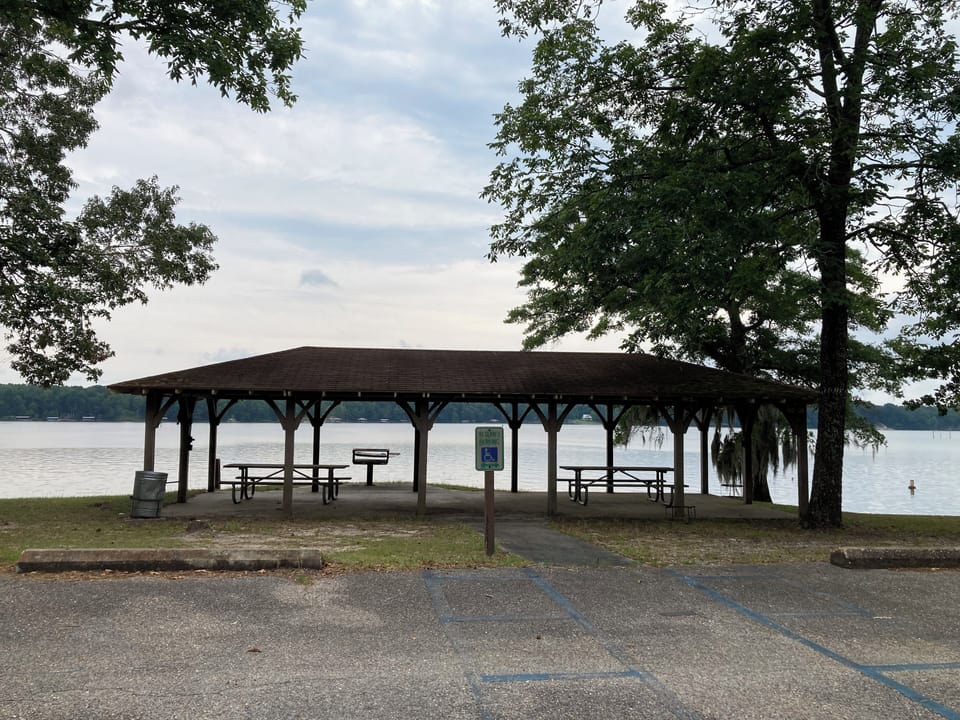 Covered picnic area at boat ramp area. 