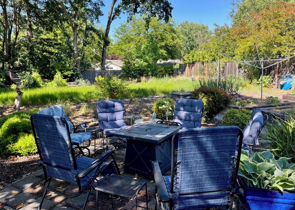 Backyard with drought tolerant native plant landscaping and vegetable garden.